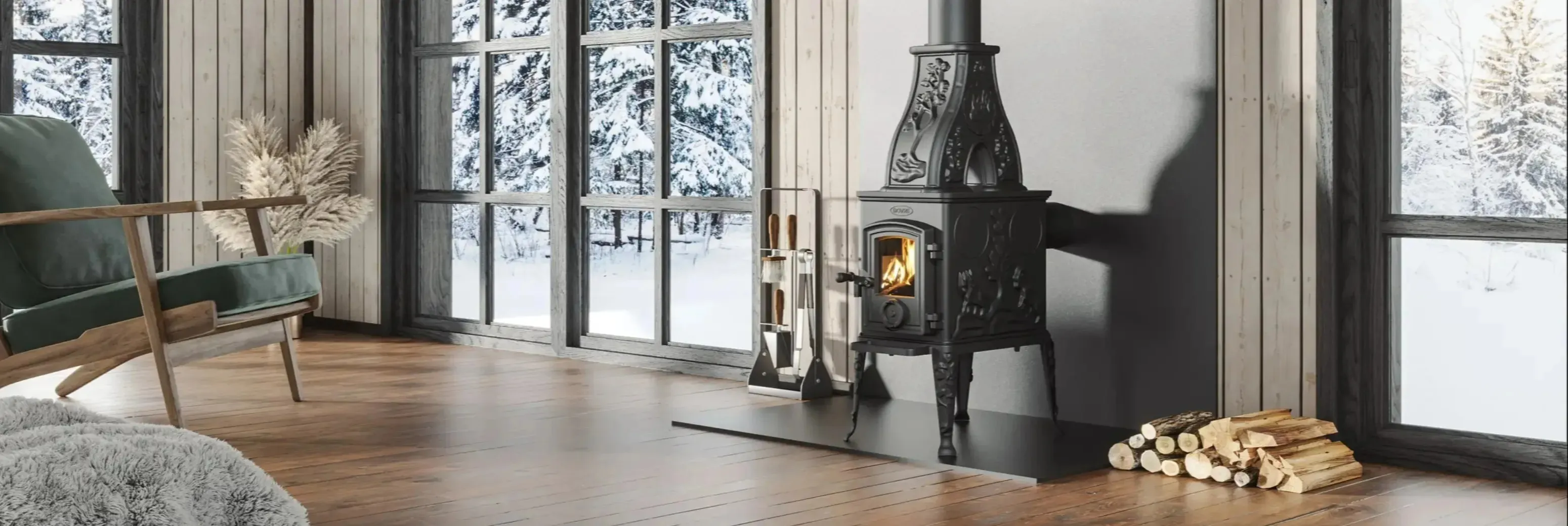 Støpejernsovn fra Dovre i en stue med snø utenfor vinduene